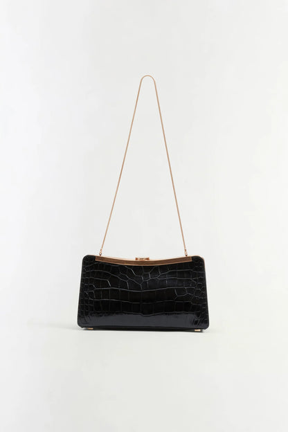 Solange Croc-Embossed Leather Clutch in Black