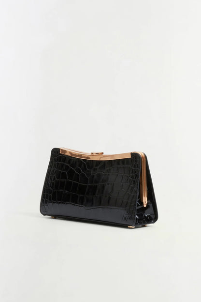 Solange Croc-Embossed Leather Clutch in Black