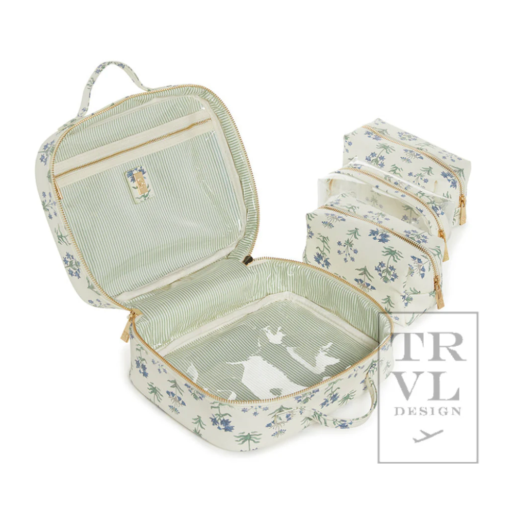 LUXE TRVL2 Cosmetic Toiletry Case Provence with Green Pinstripe Liner