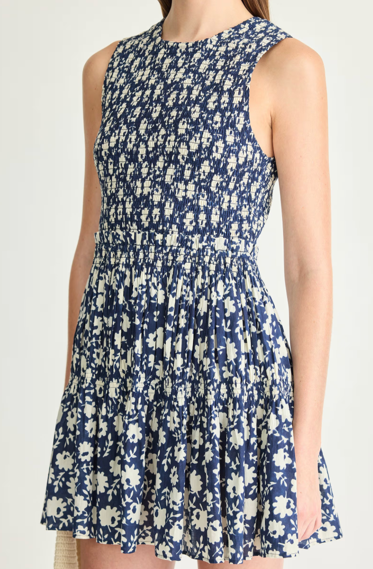 Lore Smocked Mini Dress in Navy Floral