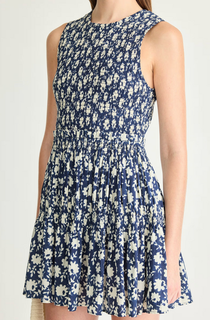 Lore Smocked Mini Dress in Navy Floral