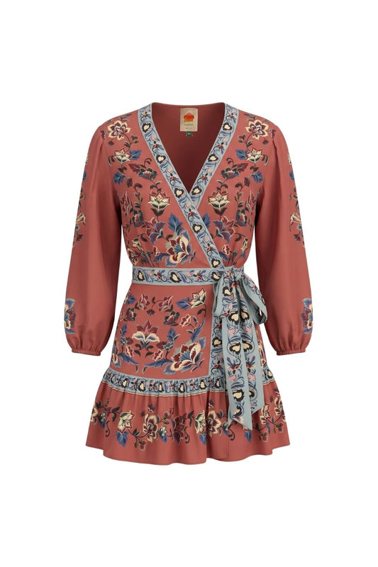 Floral Beauty Tapestry Wrap Mini Dress in Blush