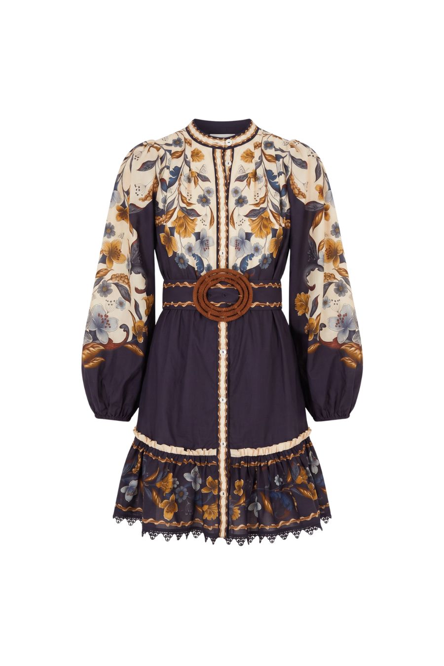 Golden Nature Belted Long Sleeve Mini Dress