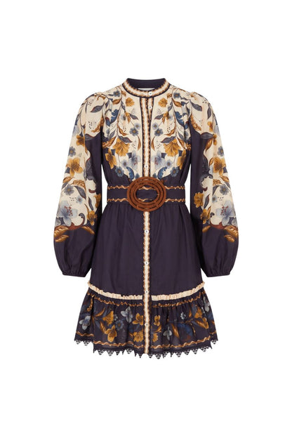 Golden Nature Belted Long Sleeve Mini Dress
