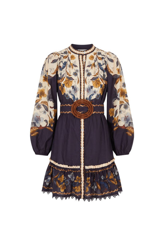 Golden Nature Belted Long Sleeve Mini Dress