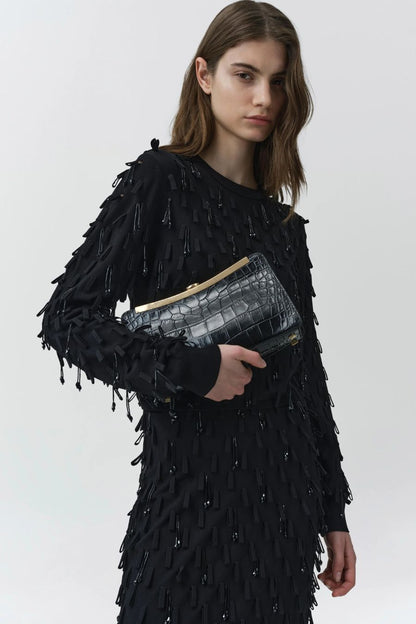 Solange Croc-Embossed Leather Clutch in Black