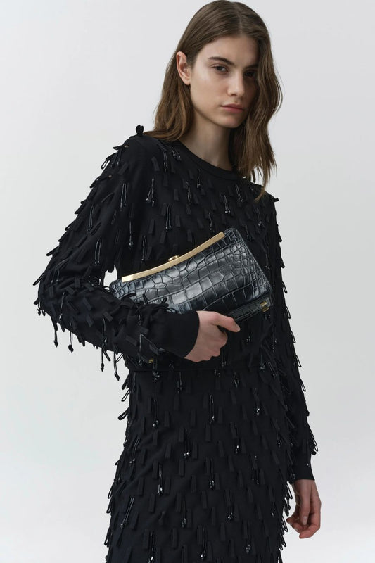 Solange Croc-Embossed Leather Clutch in Black