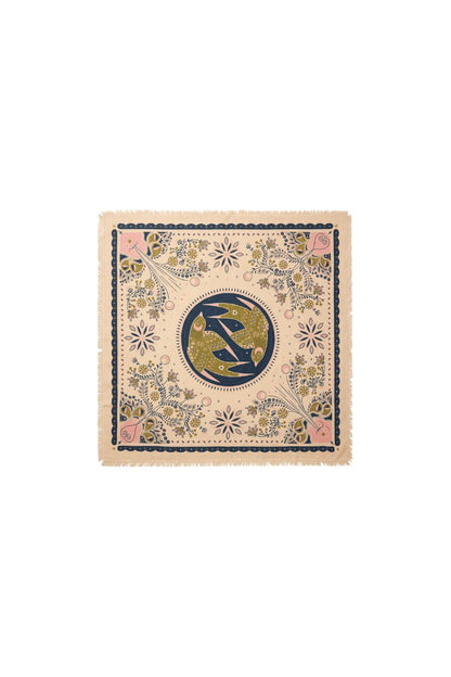 Freya Love Bird Bandana in Sandstone, Matcha, and Pink, 36-inch square cashmere bandana