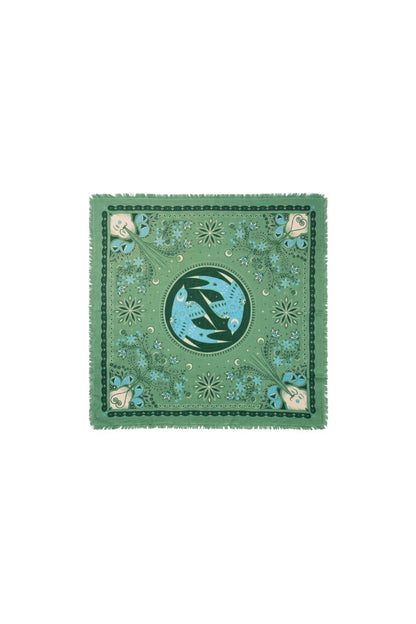 Freya Love Bird Bandana in Sage, Azure, and Teal, 36-inch square cashmere bandana