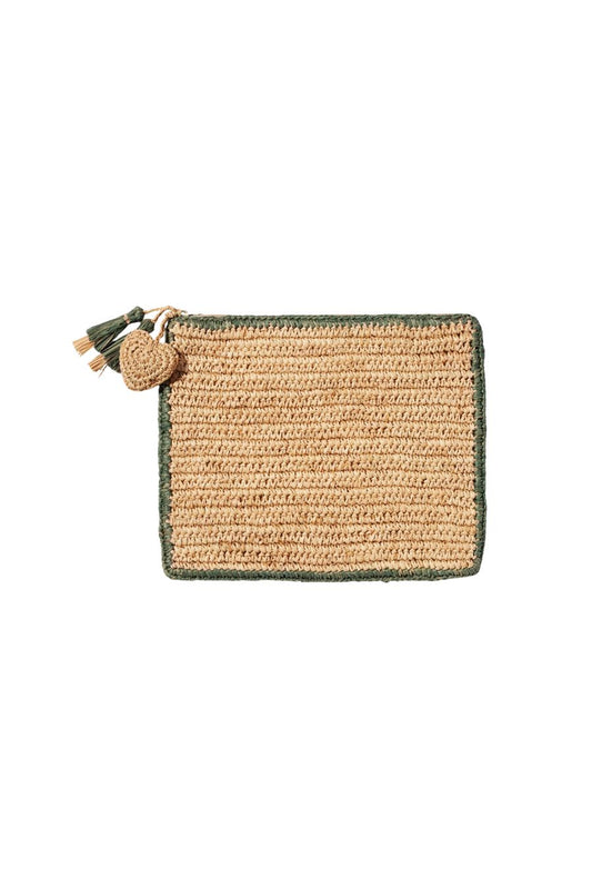 Large Raffia Pouch with Border in Sage