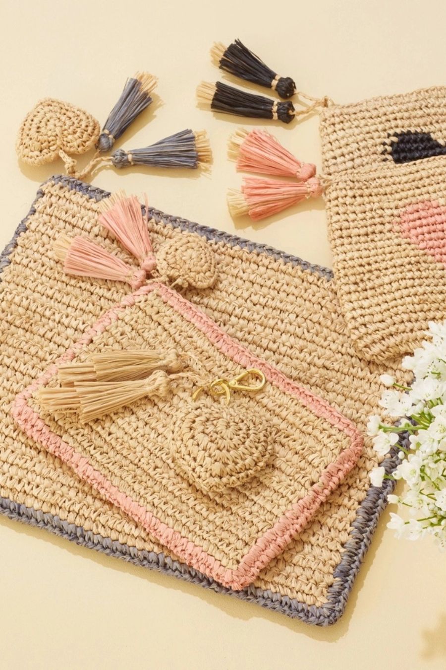 Large Raffia Pouch with Border in Sage by Aerin, alternate view