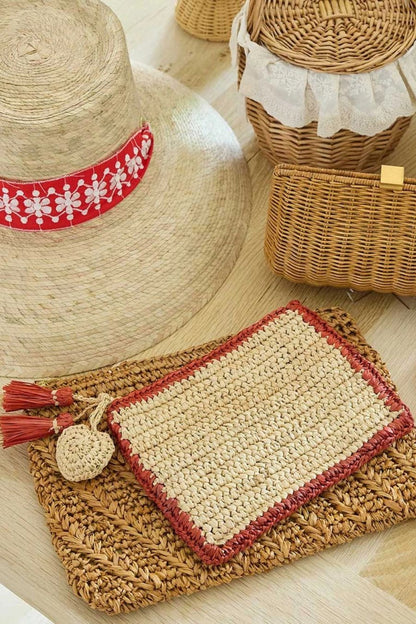 Small Raffia Pouch with Border in Geranium