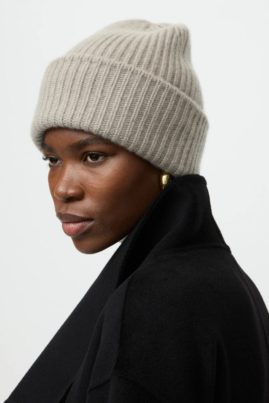 Soft Goat Ribbed Beanie in Greige, ribbed knit beanie — detail view