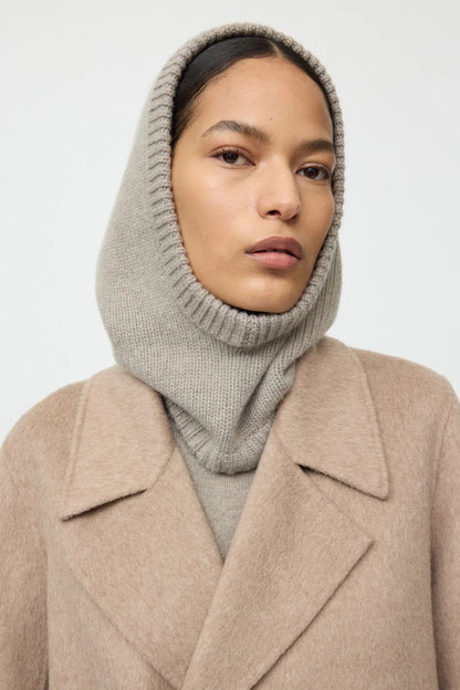 Soft Goat Balaclava in Greige, knit balaclava — front view