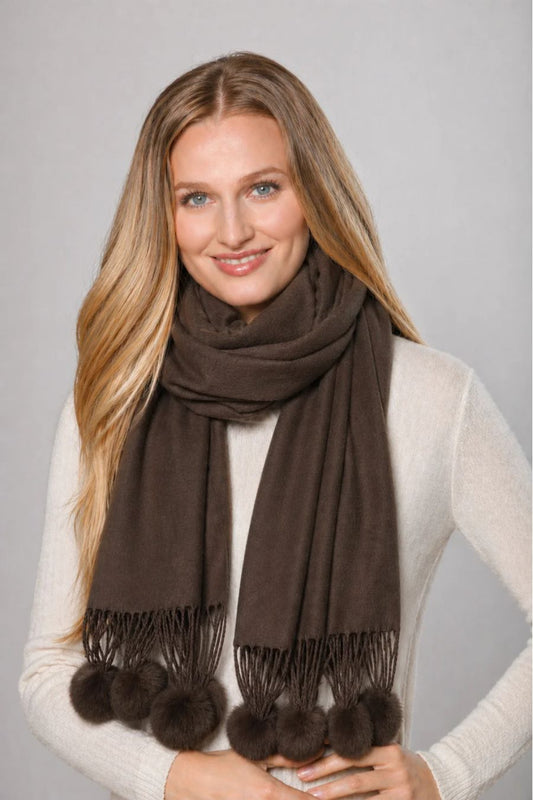 Cashmere Rex Rabbit Pom Wrap in Brown