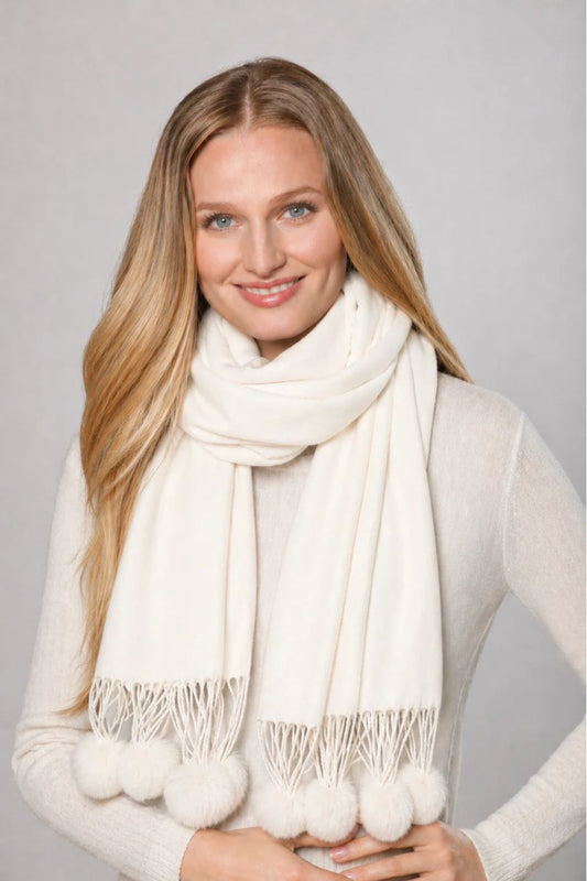 Cashmere Rex Rabbit Pom Wrap in White