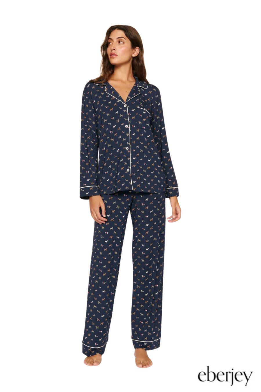 Gisele Long PJ Set in Santa Paws Navy/Ivory by Eberjey