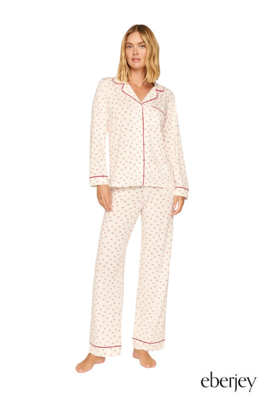 Long Sleeve Long PJ Set in Mini Bow Red/Ivory by Eberjey