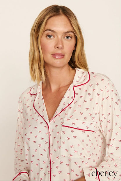 Long Sleeve Long PJ Set in Mini Bow Red/Ivory by Eberjey