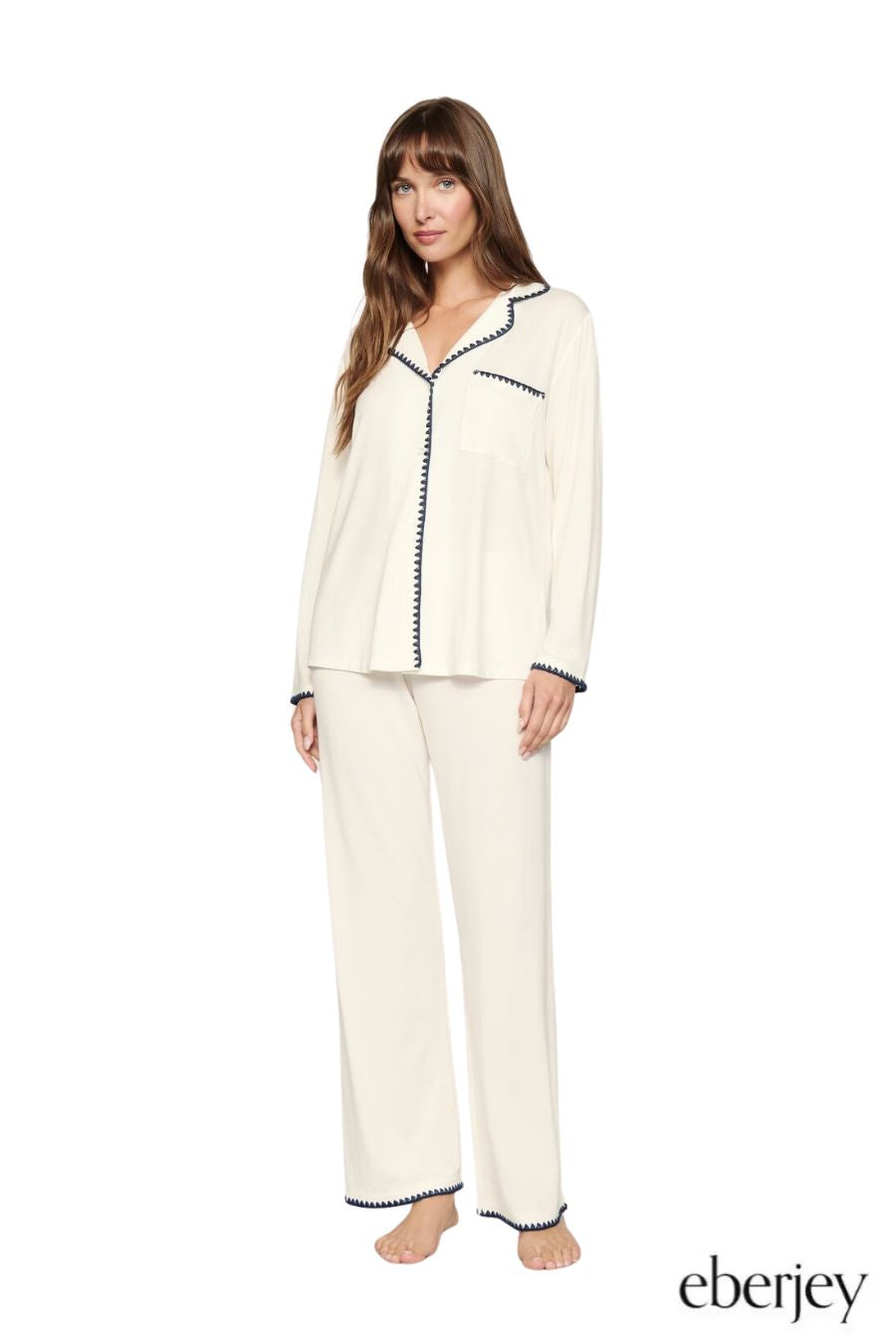 Frida Long PJ Set in Ivory/Navy
