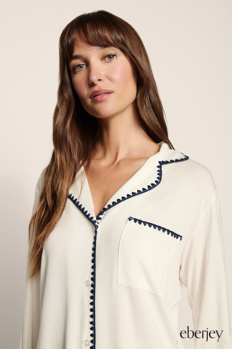 Frida Long PJ Set in Ivory/Navy