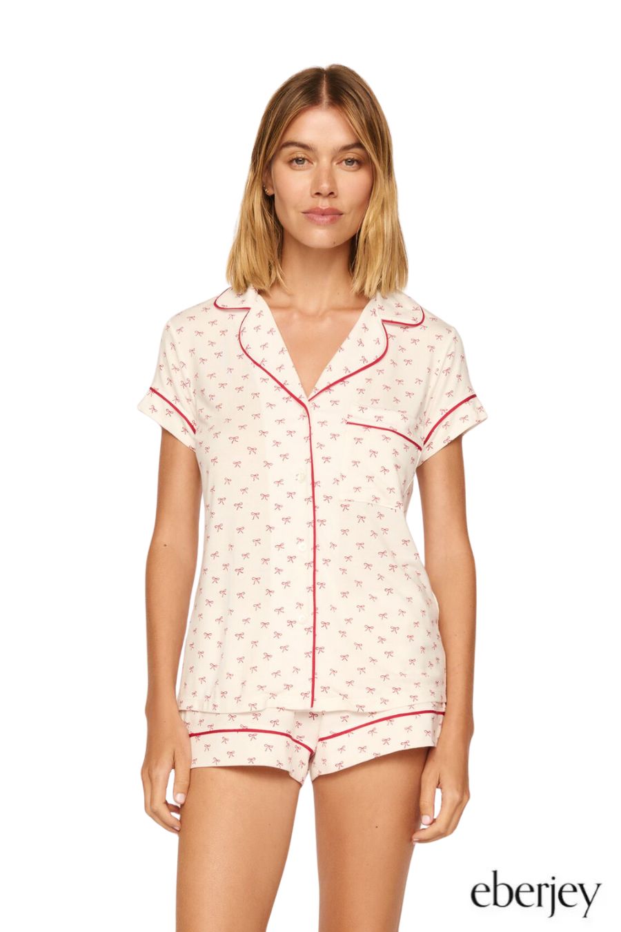 Shortie PJ Set in Mini Bow Ivory/Holly Red by Eberjey