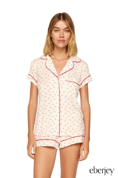 Shortie PJ Set in Mini Bow Ivory/Holly Red by Eberjey