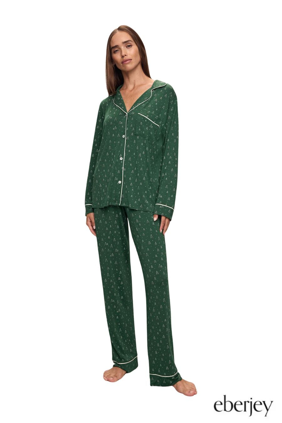 Long Sleeve Long PJ Set in Winter Pine/Ivory by Eberjey