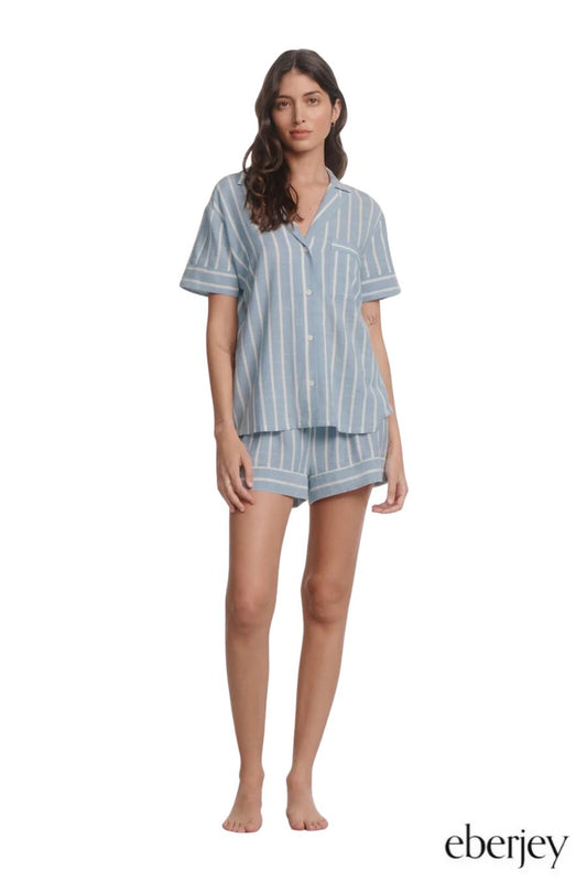 Nautico Shortie Short PJ Set in Classic Stripe Slate Blue/Ivory