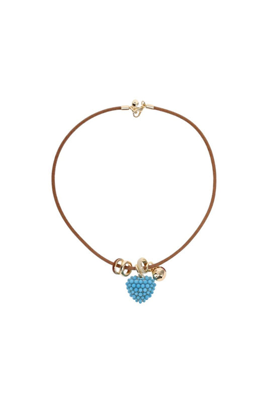 Leather Stone Slider Necklace in Brown/Turquoise