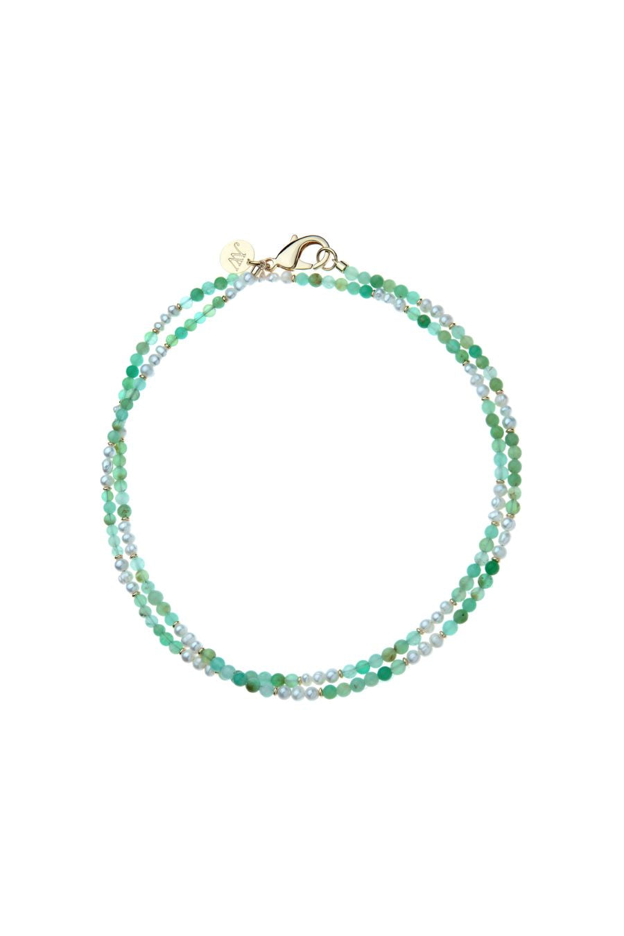 Double Wrap Beaded Necklace in Chrysoprase/Pearl