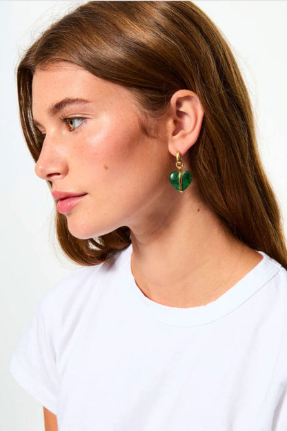 The Stone Mini Heart Earrings in Gold/Moss Agate