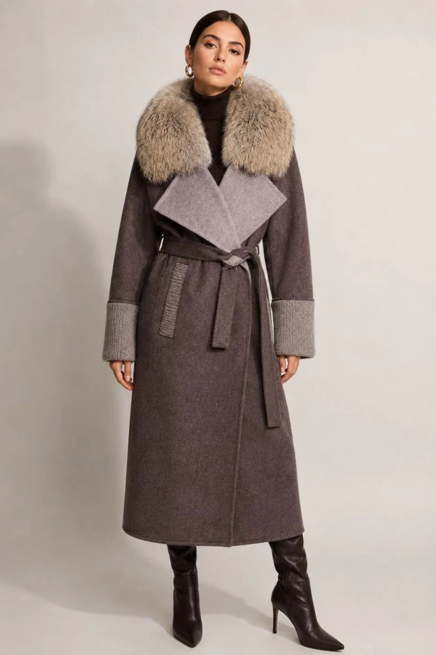 Gold Fox/Wool Wrap Coat in Mocha S