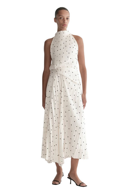 A.L.C. Simona Pleated Midi Dress in Cream/Black, Size 6