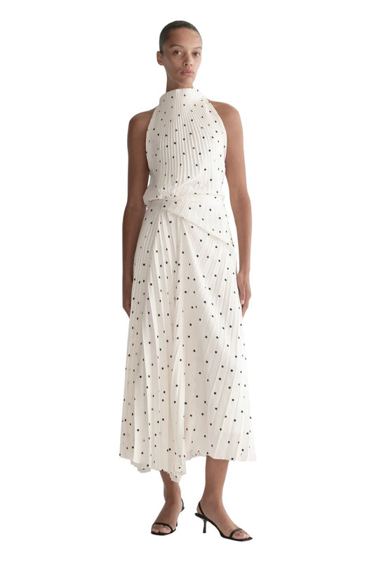 Simona Pleated Midi Dress in Cream/Black