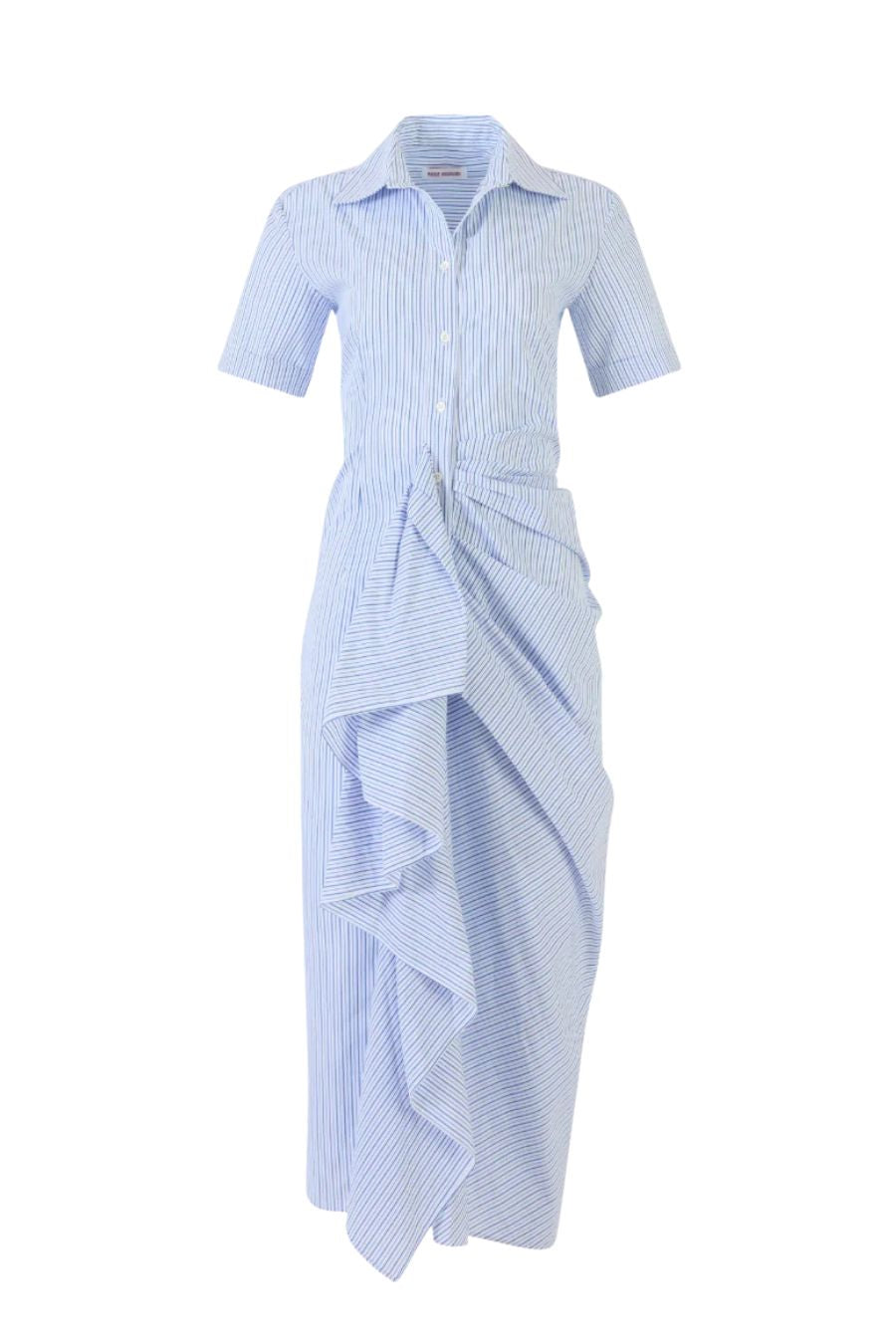 Gathered Ruffle Shirt Dress in Blue Stripe