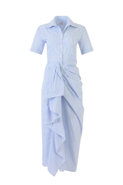 Gathered Ruffle Shirt Dress in Blue Stripe