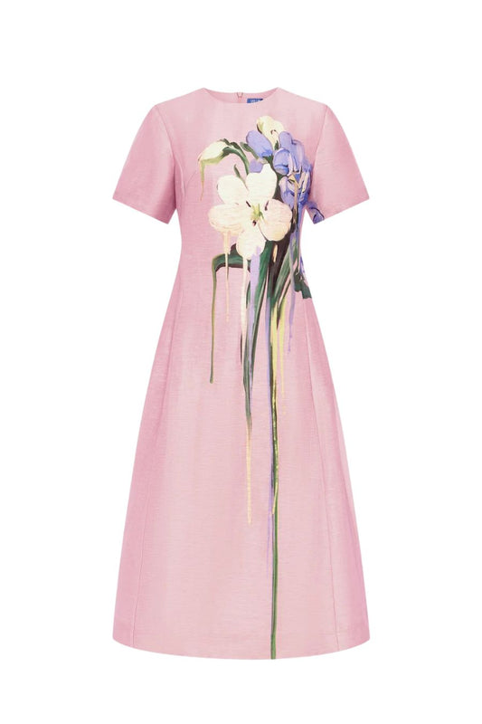 Caroline Midi Dress in Pastel Pink Bouquet