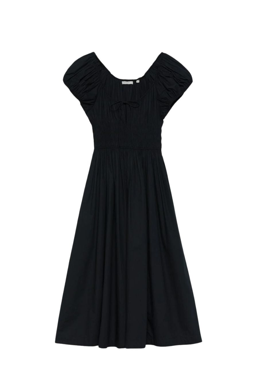 DÔEN Quinn Dress in Black, smocked cotton poplin midi dress with puffed sleeves