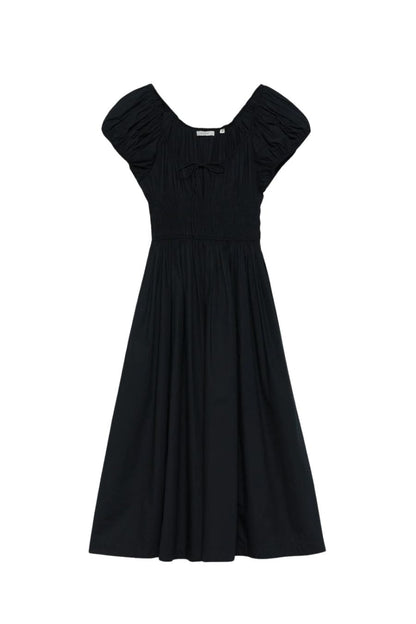 DÔEN Quinn Dress in Black, smocked cotton poplin midi dress with puffed sleeves