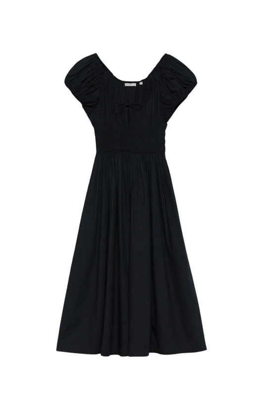 DÔEN Quinn Dress in Black, smocked cotton poplin midi dress with puffed sleeves