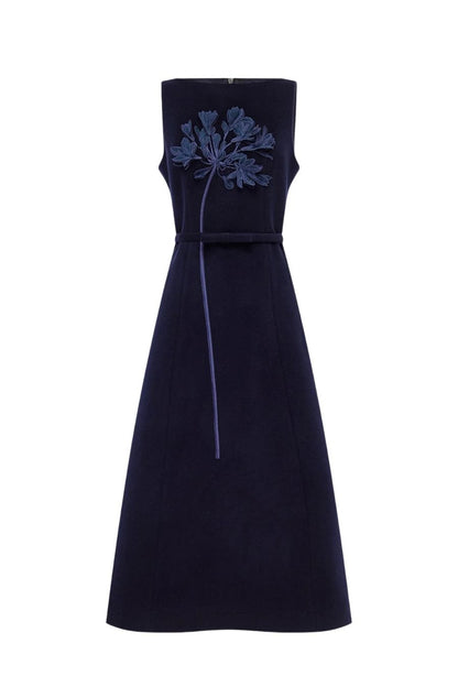 Cleo Appliqué Wool Sleeveless Midi Dress in Midnight by Leo Lin
