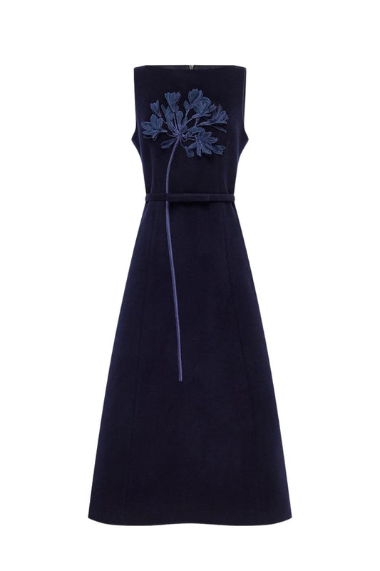 Cleo Appliqué Wool Sleeveless Midi Dress in Midnight
