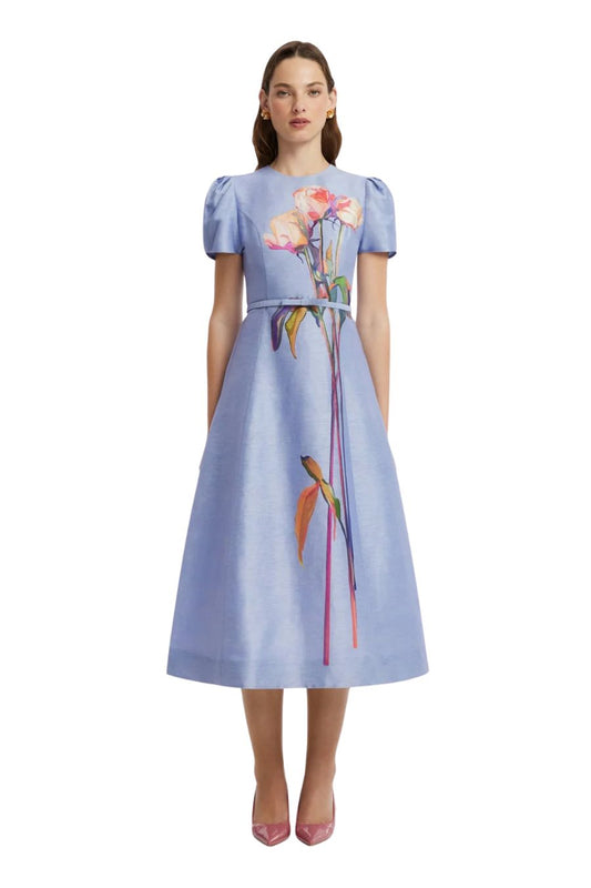 Marguerite Short Sleeve Midi Dress in Rose Periwinkle