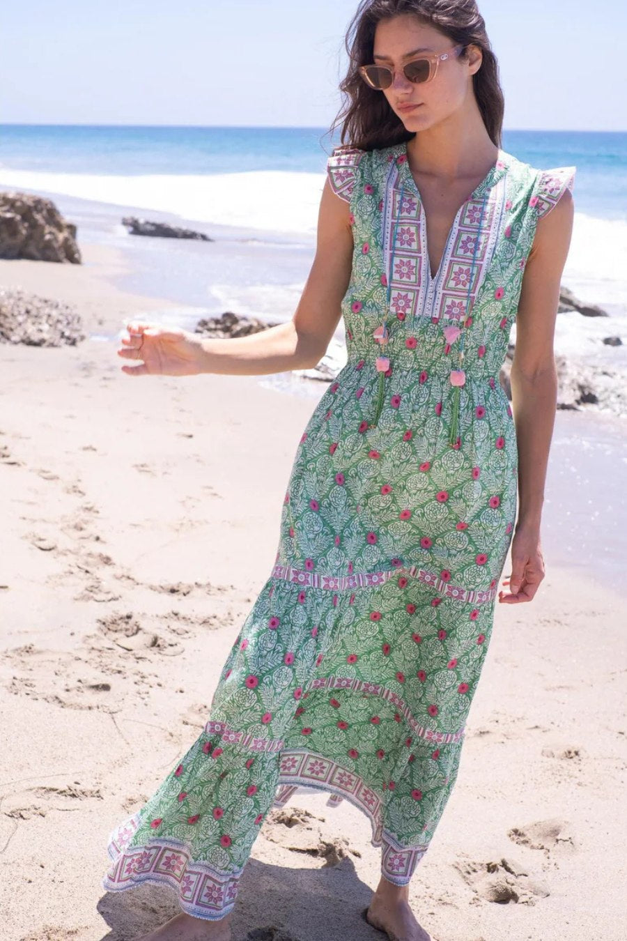 Lola Maxi Dress in Green/Pink Flower