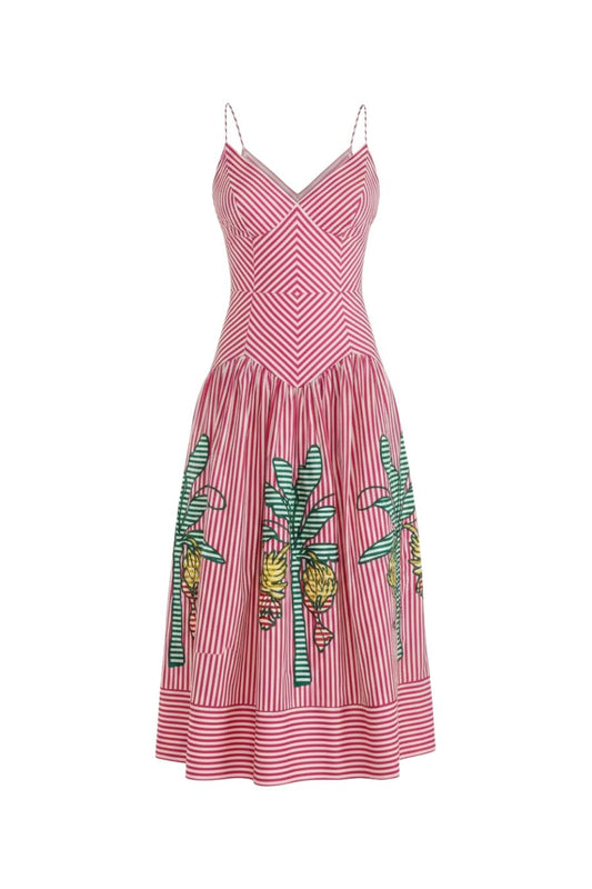 FARM Rio Palm Tree Cutwork Stripes Sleeveless Midi Dress M / MULTI