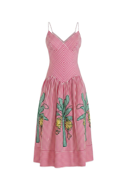 Palm Tree Stripes Cutwork Dress in Pink