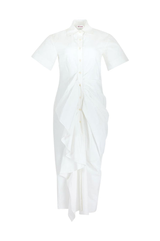 Gathered Ruffle Shirt Dress in White