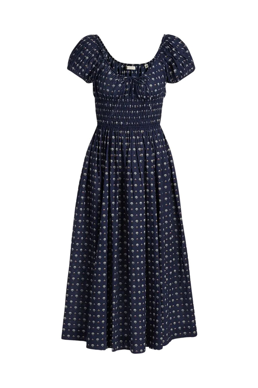DÔEN Quinn Dress in Bleu Foulard Delamer, smocked cotton midi dress with puffed sleeves