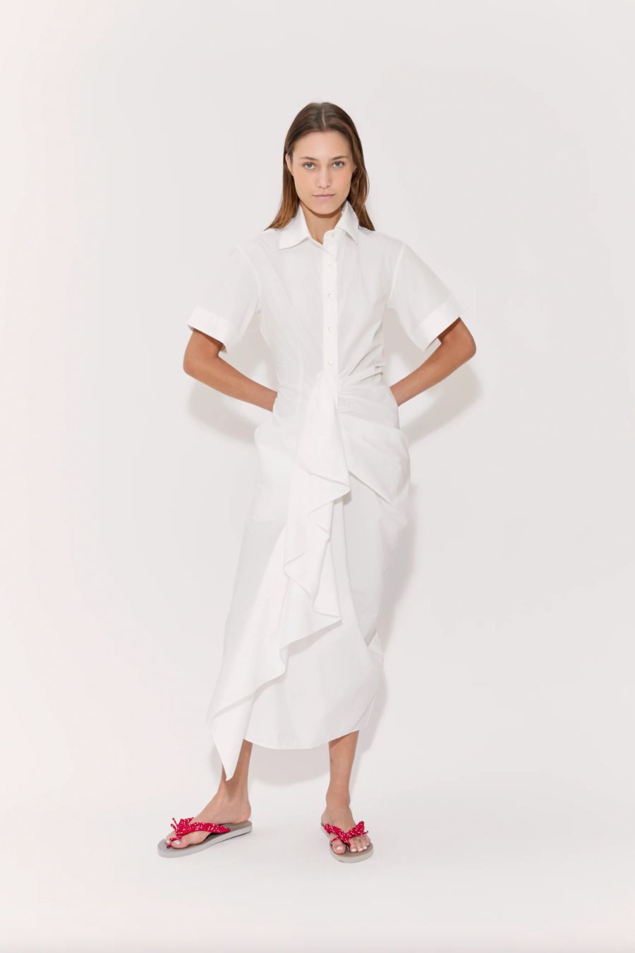 Gathered Ruffle Shirt Dress in White